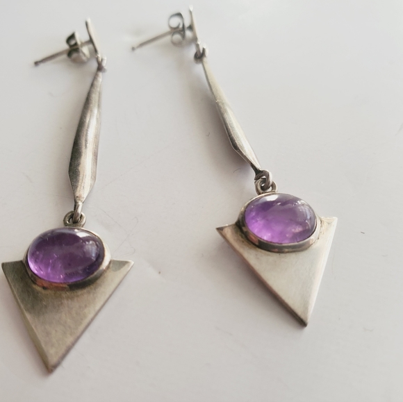 Modernist Sterling Silver 925 Amethyst Dangle Earrings signed - Picture 3 of 6